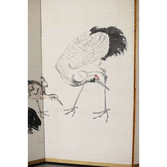 渡辺小崋 群鶴図 紙本屏風一双　Z481 
