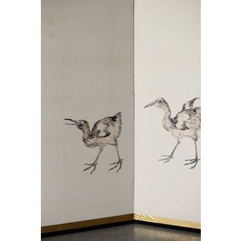 渡辺小崋 群鶴図 紙本屏風一双　Z481 