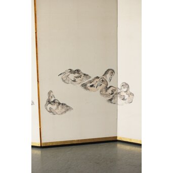 渡辺小崋 群鶴図 紙本屏風一双　Z481 