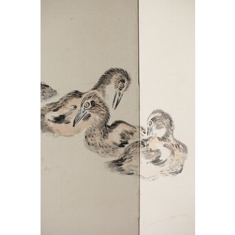 渡辺小崋 群鶴図 紙本屏風一双　Z481 