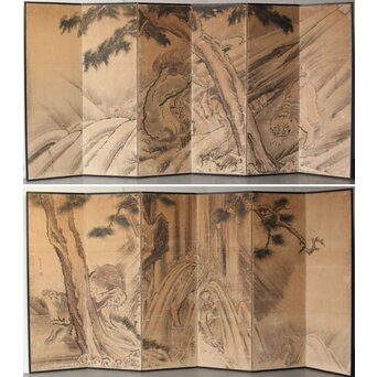 女流画家 桜井雪保 群虎図 紙本屏風一双　Z482