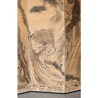 女流画家 桜井雪保 群虎図 紙本屏風一双　Z482 