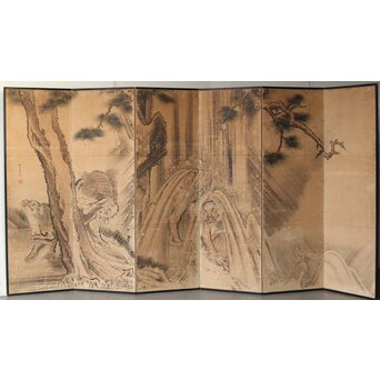 女流画家 桜井雪保 群虎図 紙本屏風一双　Z482 