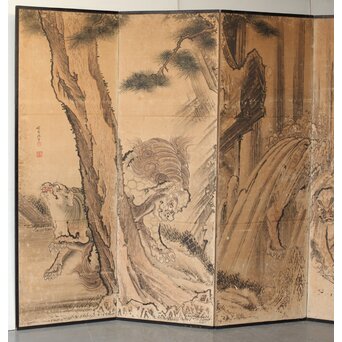 女流画家 桜井雪保 群虎図 紙本屏風一双　Z482 