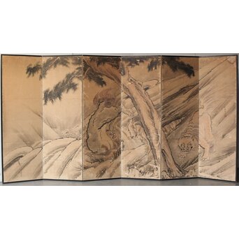 女流画家 桜井雪保 群虎図 紙本屏風一双　Z482 