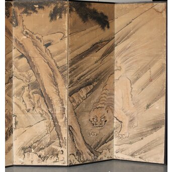 女流画家 桜井雪保 群虎図 紙本屏風一双　Z482 