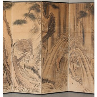 女流画家 桜井雪保 群虎図 紙本屏風一双　Z482 