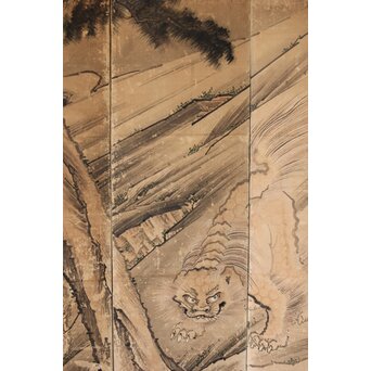 女流画家 桜井雪保 群虎図 紙本屏風一双　Z482 