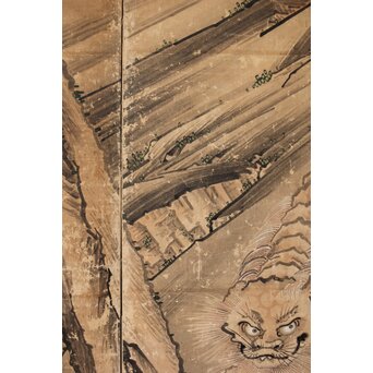 女流画家 桜井雪保 群虎図 紙本屏風一双　Z482 