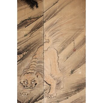 女流画家 桜井雪保 群虎図 紙本屏風一双　Z482 