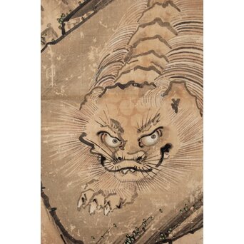 女流画家 桜井雪保 群虎図 紙本屏風一双　Z482 