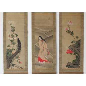 女流画家 桜井雪保 三幅対 絹本掛軸　Z483 