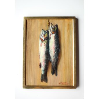 平賀亀祐「紅鱒」P8号 油彩額装　Z484