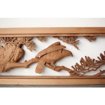 珍品共箱 大島五雲 井波彫刻 鷹松木彫欄間　R0376 