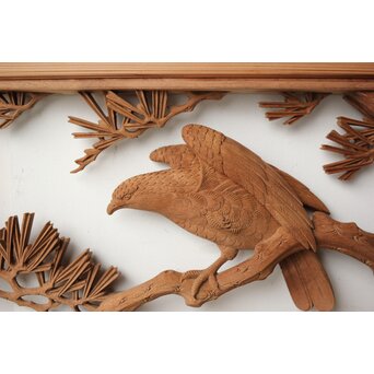 珍品共箱 大島五雲 井波彫刻 鷹松木彫欄間　R0376 