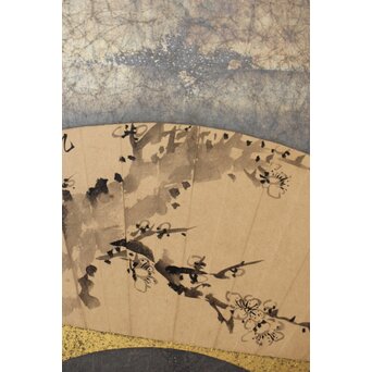 倣 初代 篩月庵 三浦竹泉 水墨竹図 扇面屏風 貼交 銀張　Z488 