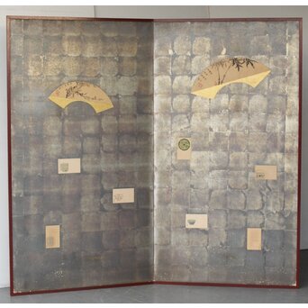 倣 初代 篩月庵 三浦竹泉 水墨竹図 扇面屏風 貼交 銀張　Z488