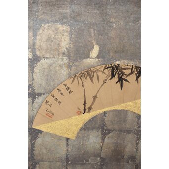 倣 初代 篩月庵 三浦竹泉 水墨竹図 扇面屏風 貼交 銀張　Z488 