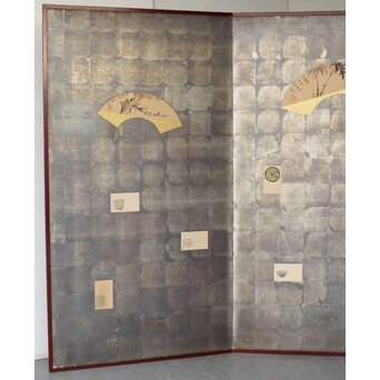 倣 初代 篩月庵 三浦竹泉 水墨竹図 扇面屏風 貼交 銀張　Z488 