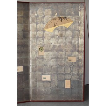 倣 初代 篩月庵 三浦竹泉 水墨竹図 扇面屏風 貼交 銀張　Z488 