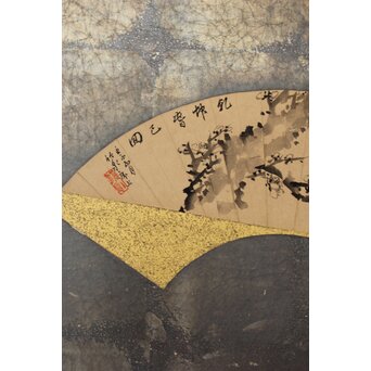 倣 初代 篩月庵 三浦竹泉 水墨竹図 扇面屏風 貼交 銀張　Z488 