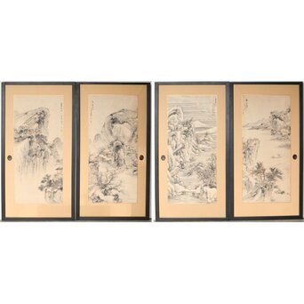 木村半雨 楼閣山水水墨図 紙本襖戸 4枚1組　F266