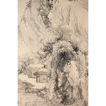 木村半雨 楼閣山水水墨図 紙本襖戸 4枚1組　F266 