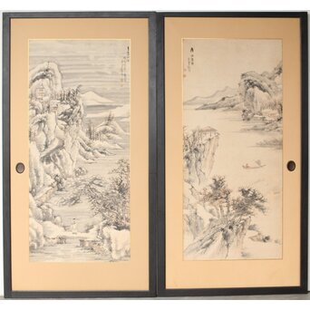 木村半雨 楼閣山水水墨図 紙本襖戸 4枚1組　F266 CD　表