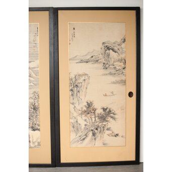 木村半雨 楼閣山水水墨図 紙本襖戸 4枚1組　F266 