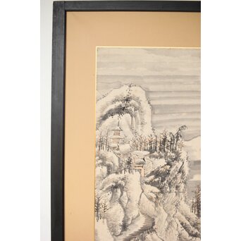 木村半雨 楼閣山水水墨図 紙本襖戸 4枚1組　F266 