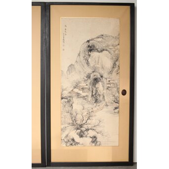 木村半雨 楼閣山水水墨図 紙本襖戸 4枚1組　F266 