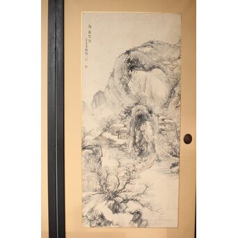 木村半雨 楼閣山水水墨図 紙本襖戸 4枚1組　F266 