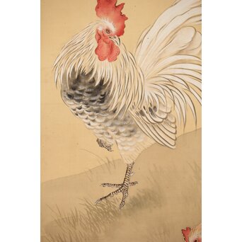 女流作家 跡見玉枝 芭蕉双鶴之図 絹本軸装　Z496 