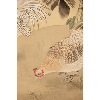 女流作家 跡見玉枝 芭蕉双鶴之図 絹本軸装　Z496 