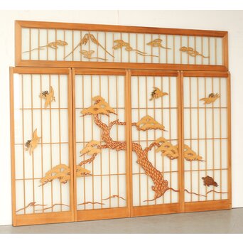 両面ガラス 鶴亀松 書院欄間 5枚1組　R0383