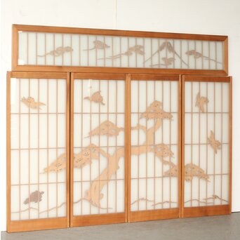 両面ガラス 鶴亀松 書院欄間 5枚1組　R0383 ウラ こちらはくもりガラス仕様