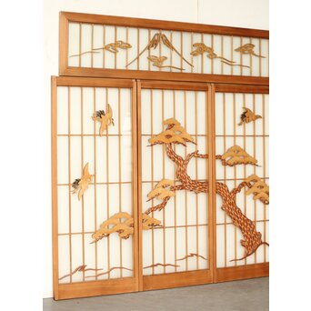 両面ガラス 鶴亀松 書院欄間 5枚1組　R0383 