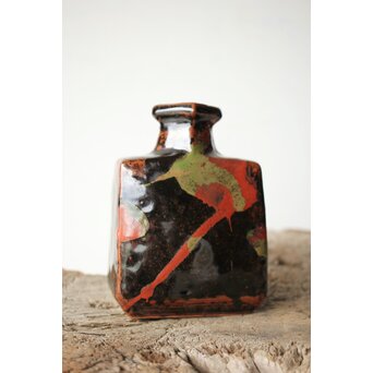 河井寛次郎 黒二色扁壺 河井敏孝識箱付　P472 