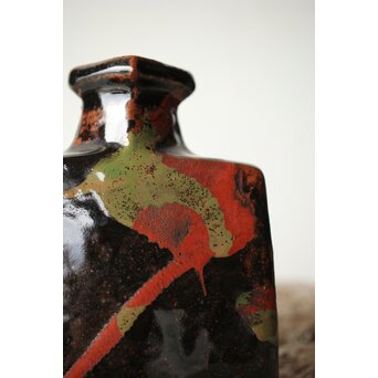 河井寛次郎 黒二色扁壺 河井敏孝識箱付　P472 