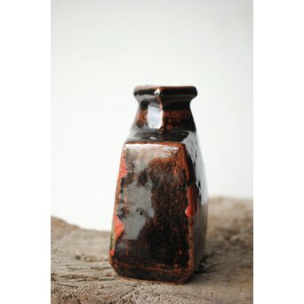 河井寛次郎 黒二色扁壺 河井敏孝識箱付　P472 