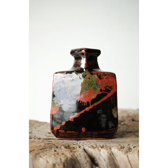 河井寛次郎 黒二色扁壺 河井敏孝識箱付　P472