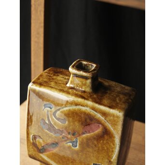 河井寛次郎 飴釉花文扁壺 河井敏孝識箱　P473 