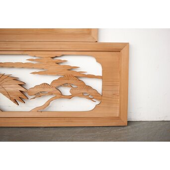 中型 鶴松木彫欄間 2枚1組　R0387 