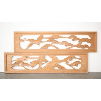 中型 鶴松木彫欄間 2枚1組　R0387