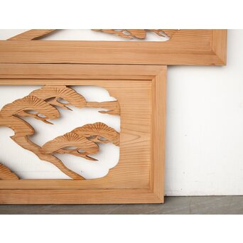 中型 鶴松木彫欄間 2枚1組　R0387 