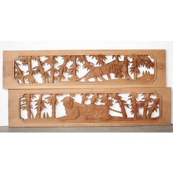 枠無 竹虎木彫欄間 2枚1組　R0389