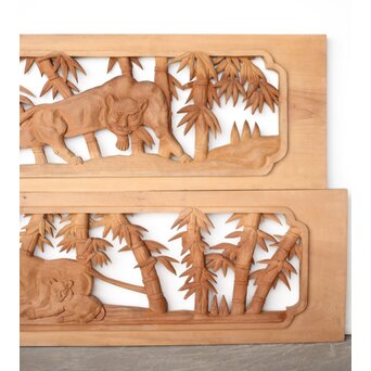 枠無 竹虎木彫欄間 2枚1組　R0389 