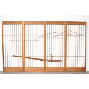 木彫彩色 漁村 書院 4枚1組　R0392 ウラ　ガラス仕様ですが　現状は透かしです