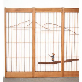 木彫彩色 漁村 書院 4枚1組　R0392 