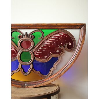 養蚕 多種と切子色ガラスのステンドグラス明り取り　Y050 